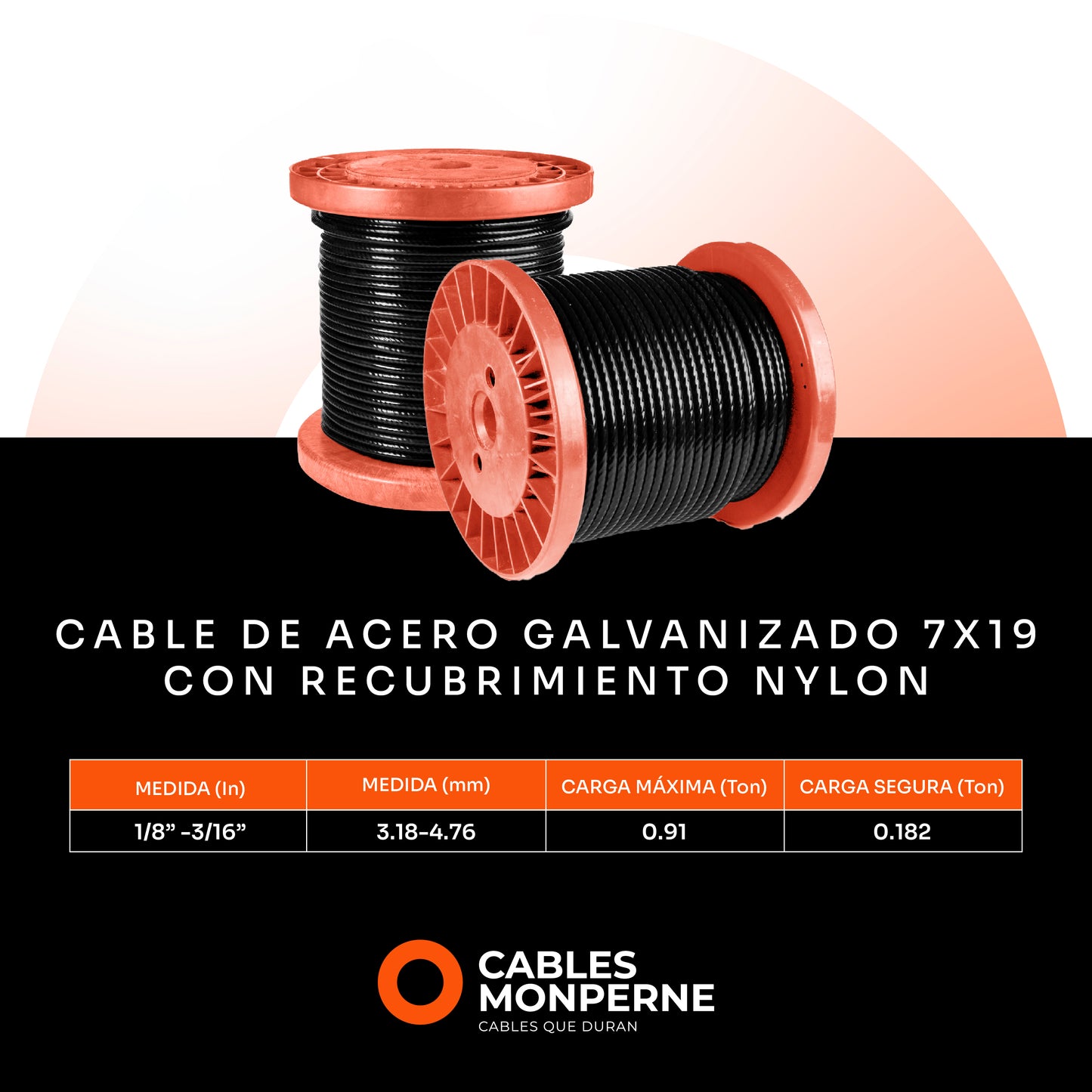 Cable de acero galvanizado 7x19 1/8'' a 3/16'' - Nylon - 10m - Color:Negro
