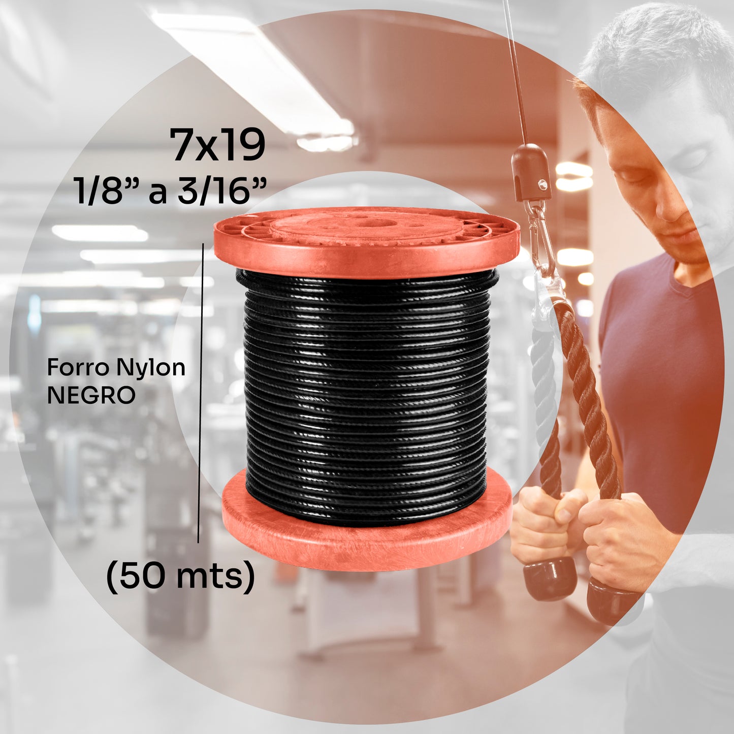 Cable de acero galvanizado PREMIUM 7x19 1/8'' a 3/16'' - Nylon - 50m - Color:Negro