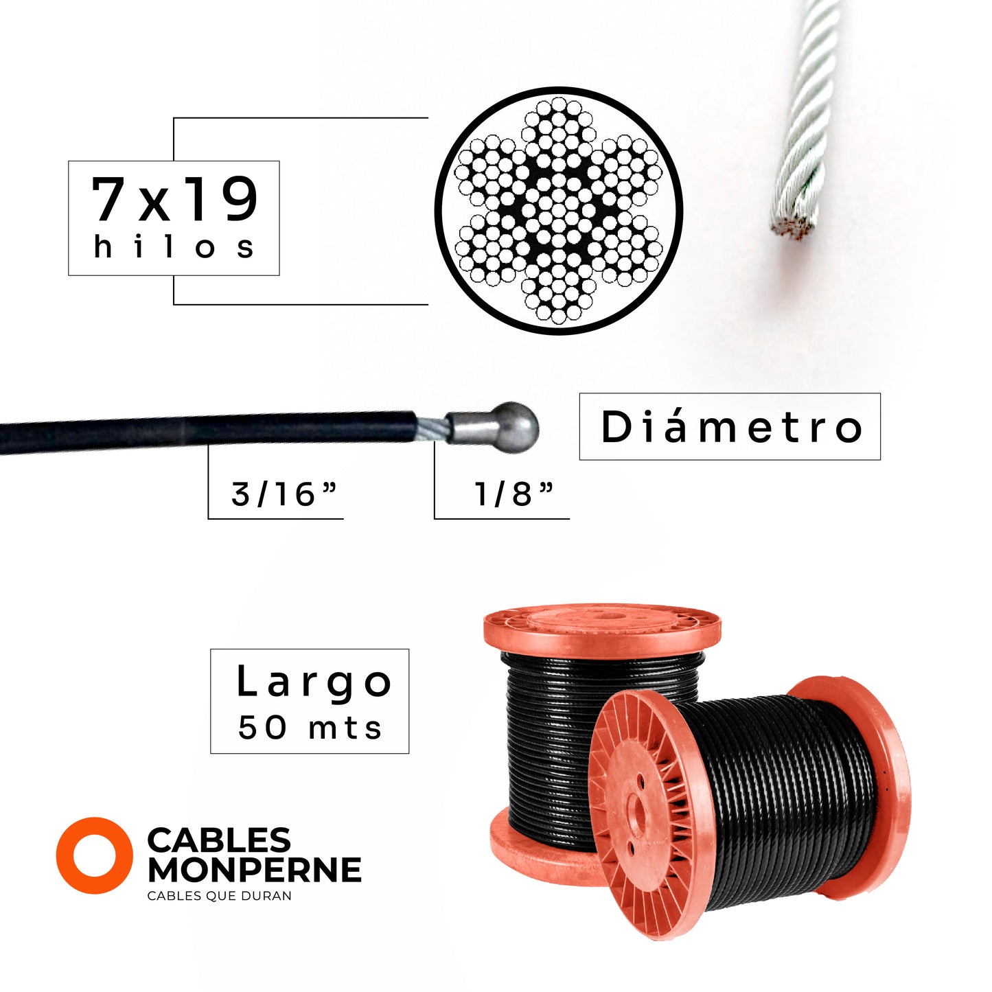 Cable de acero galvanizado PREMIUM 7x19 1/8'' a 3/16'' - Nylon - 50m - Color:Negro