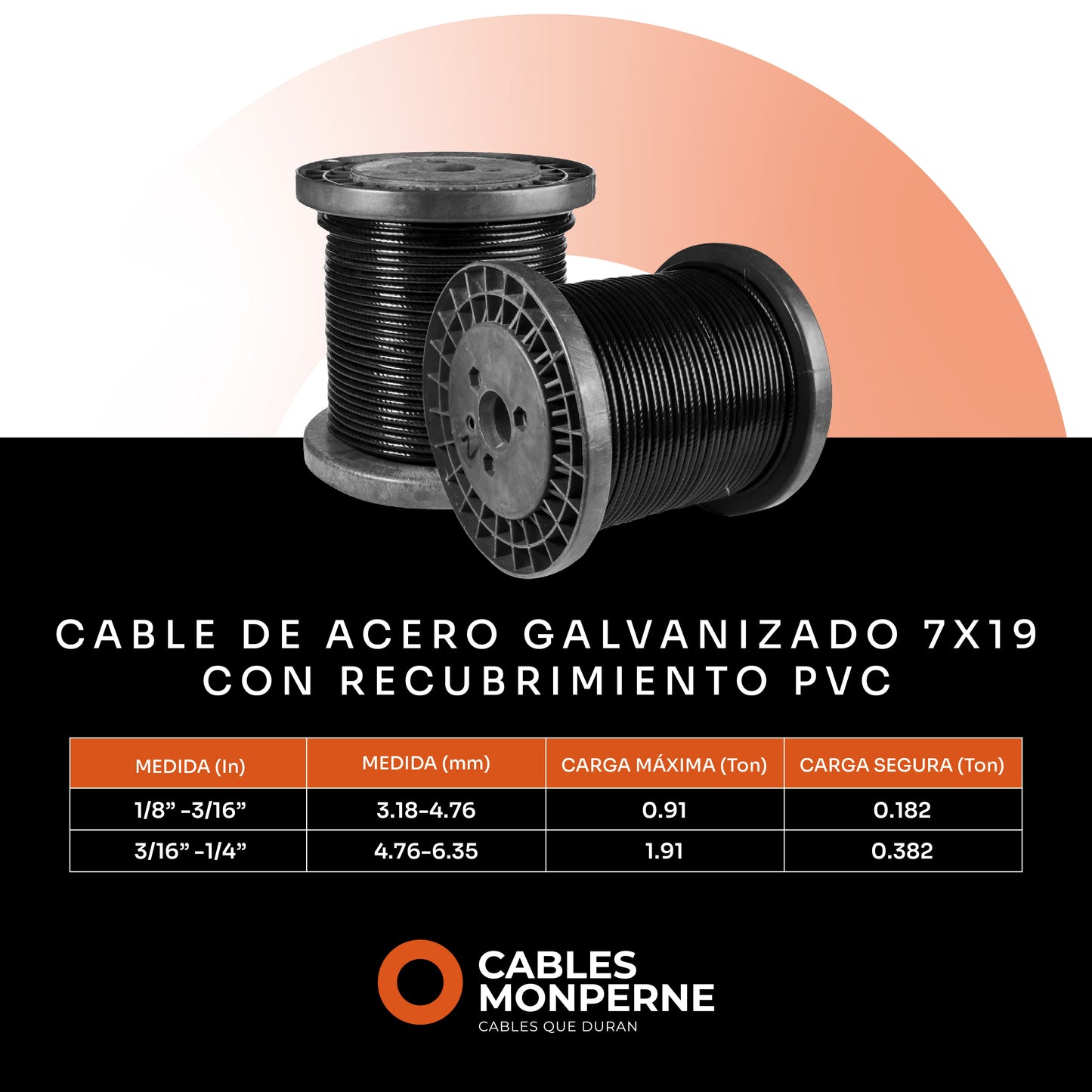 Cable de acero galvanizado 7x19 1/8'' a 3/16'' - PVC - 10m - Color:Negro