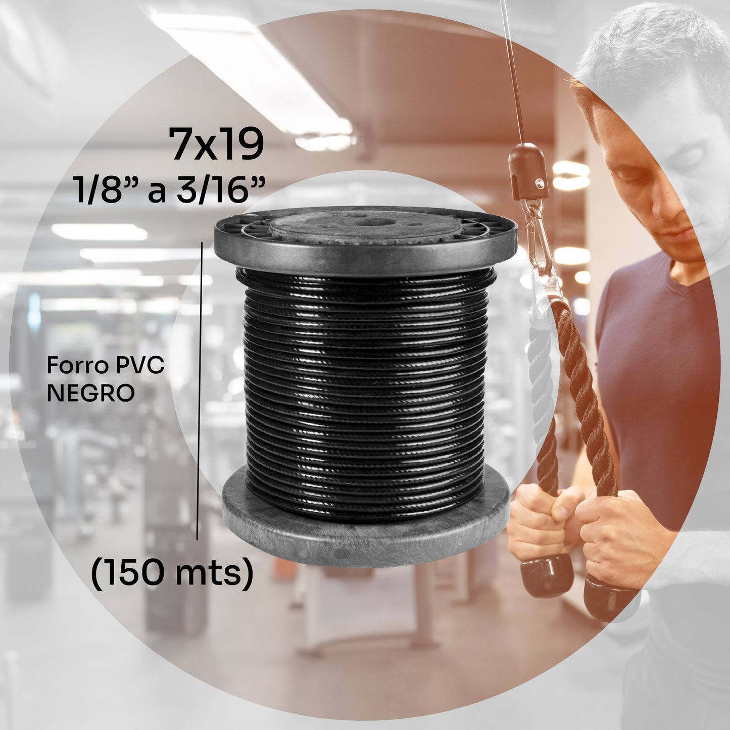 Cable de acero galvanizado 7x19 1/8'' a 3/16'' - PVC - 150m - Color:Negro