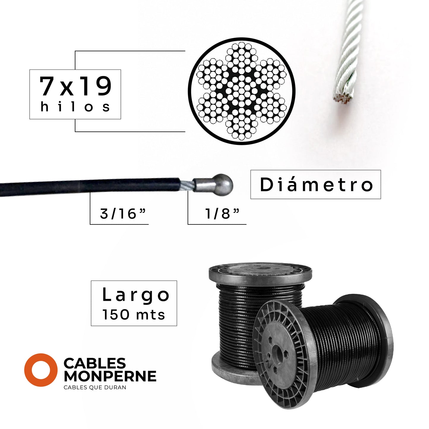 Cable de acero galvanizado 7x19 1/8'' a 3/16'' - Nylon - 150m - Color:Negro