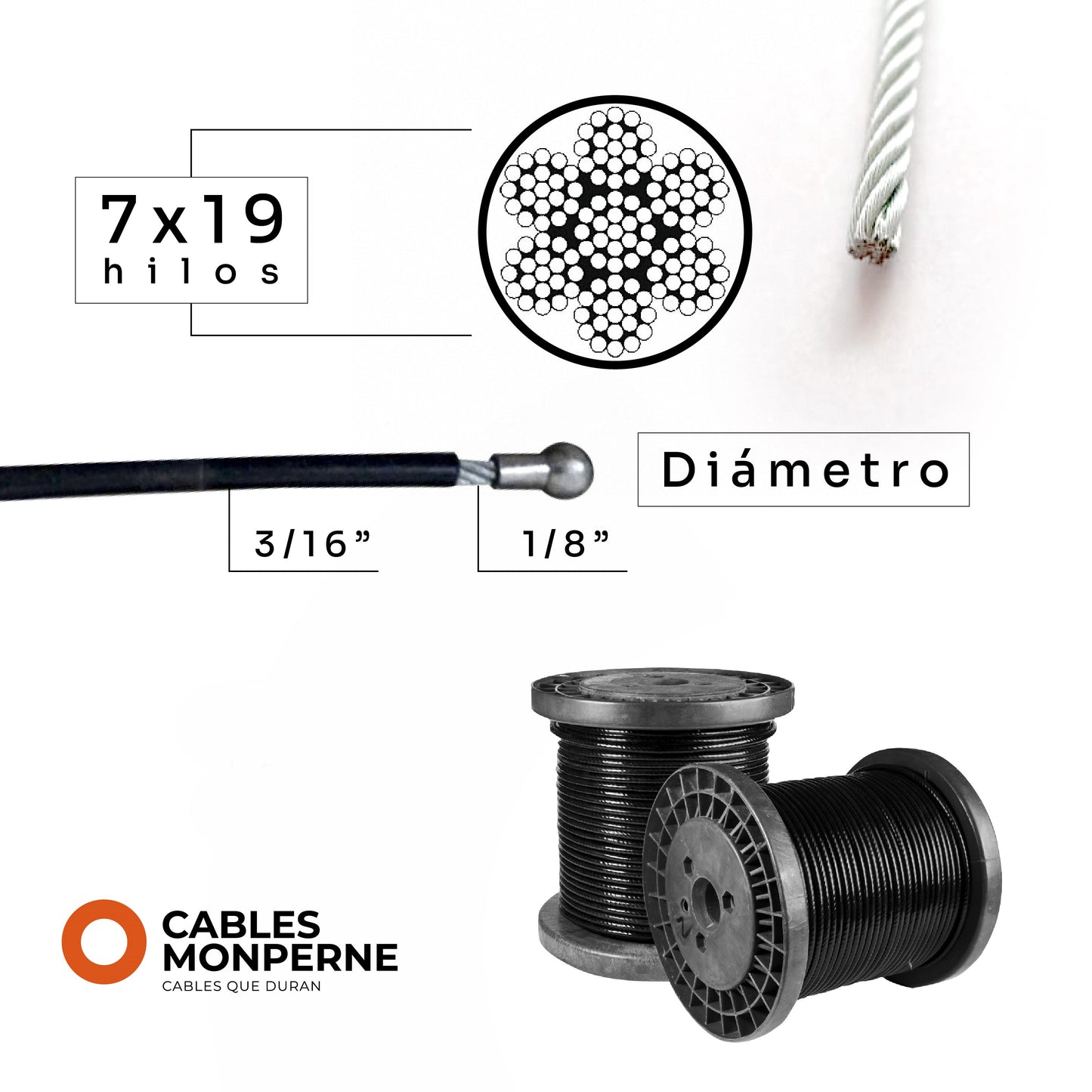 Cable de acero galvanizado 7x19 1/8'' a 3/16'' - PVC - 10m - Color:Negro