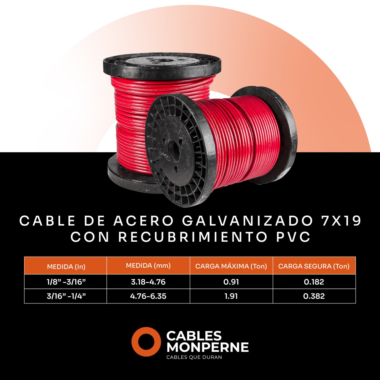 Cable de acero galvanizado 7x19 1/8'' a 3/16'' - PVC - 100m - Color:Rojo