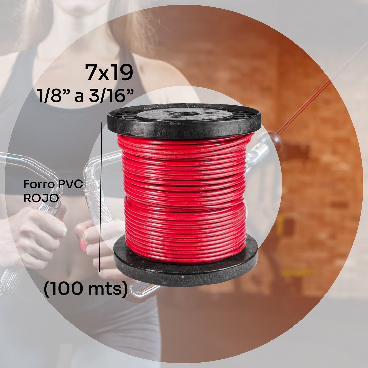 Cable de acero galvanizado 7x19 1/8'' a 3/16'' - PVC - 100m - Color:Rojo