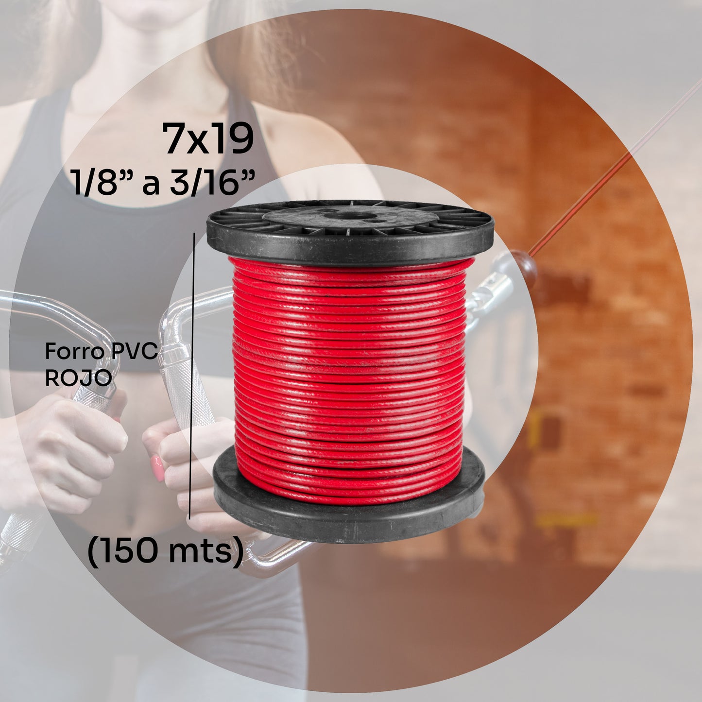 Cable de acero galvanizado 7x19 1/8'' a 3/16'' - PVC - 150m - Color:Rojo