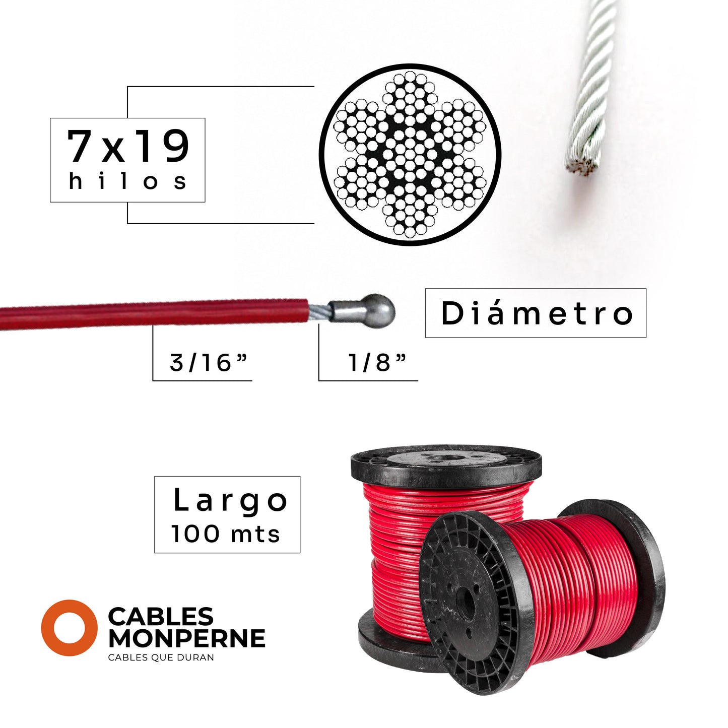 Cable de acero galvanizado 7x19 1/8'' a 3/16'' - PVC - 100m - Color:Rojo