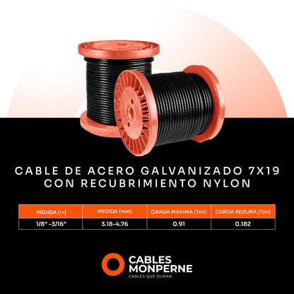 Cable de acero galvanizado 7x19 1/8'' a 3/16'' - Nylon - 10m - Color:Negro