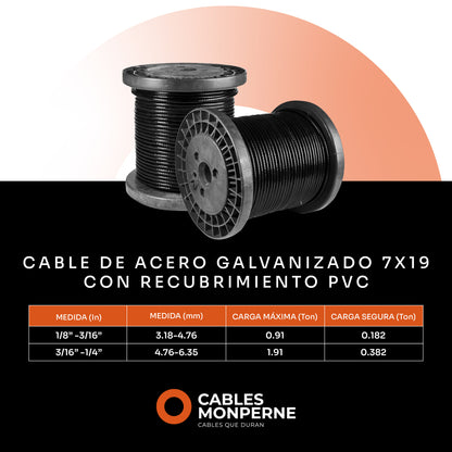 Cable de acero galvanizado 7x19 1/8'' a 3/16'' - PVC - 10m - Color:Negro