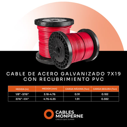 Cable de acero galvanizado 7x19 1/8'' a 3/16'' - PVC - 150m - Color:Rojo
