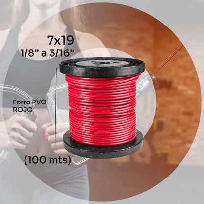 Cable de acero galvanizado 7x19 1/8'' a 3/16'' - PVC - 100m - Color:Rojo