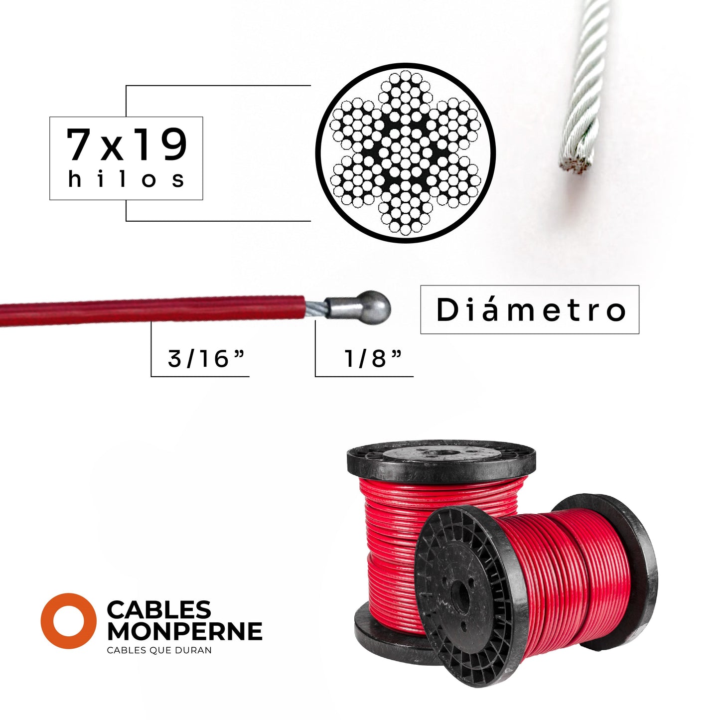 Cable de acero galvanizado 7x19 1/8'' a 3/16'' - PVC - Color:Rojo