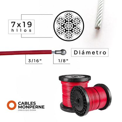 Cable de acero galvanizado 7x19 1/8'' a 3/16'' - PVC - Color:Rojo
