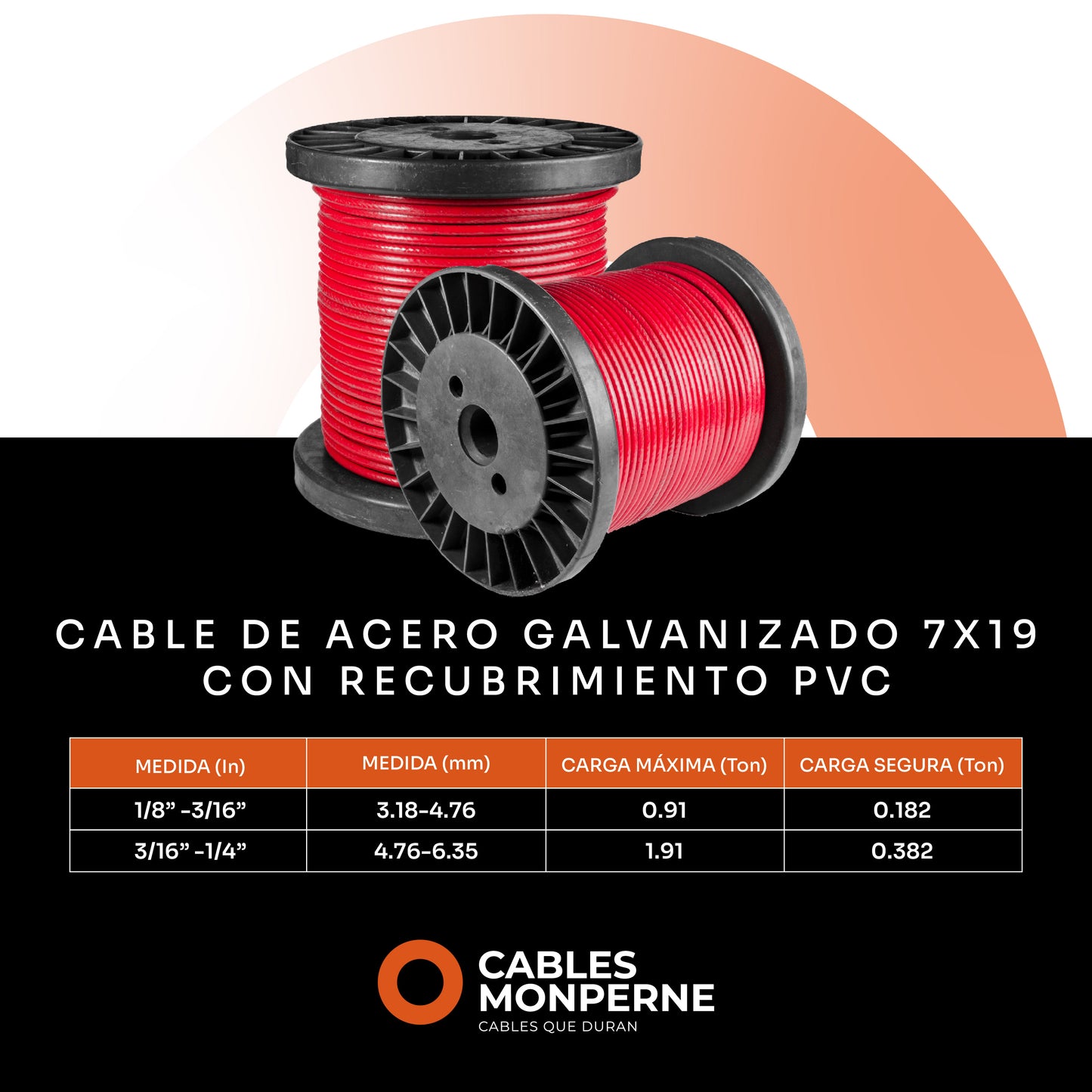 Cable de acero galvanizado 7x19 1/8'' a 3/16'' - PVC - Color:Rojo