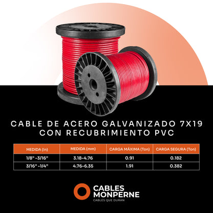 Cable de acero galvanizado 7x19 1/8'' a 3/16'' - PVC - Color:Rojo