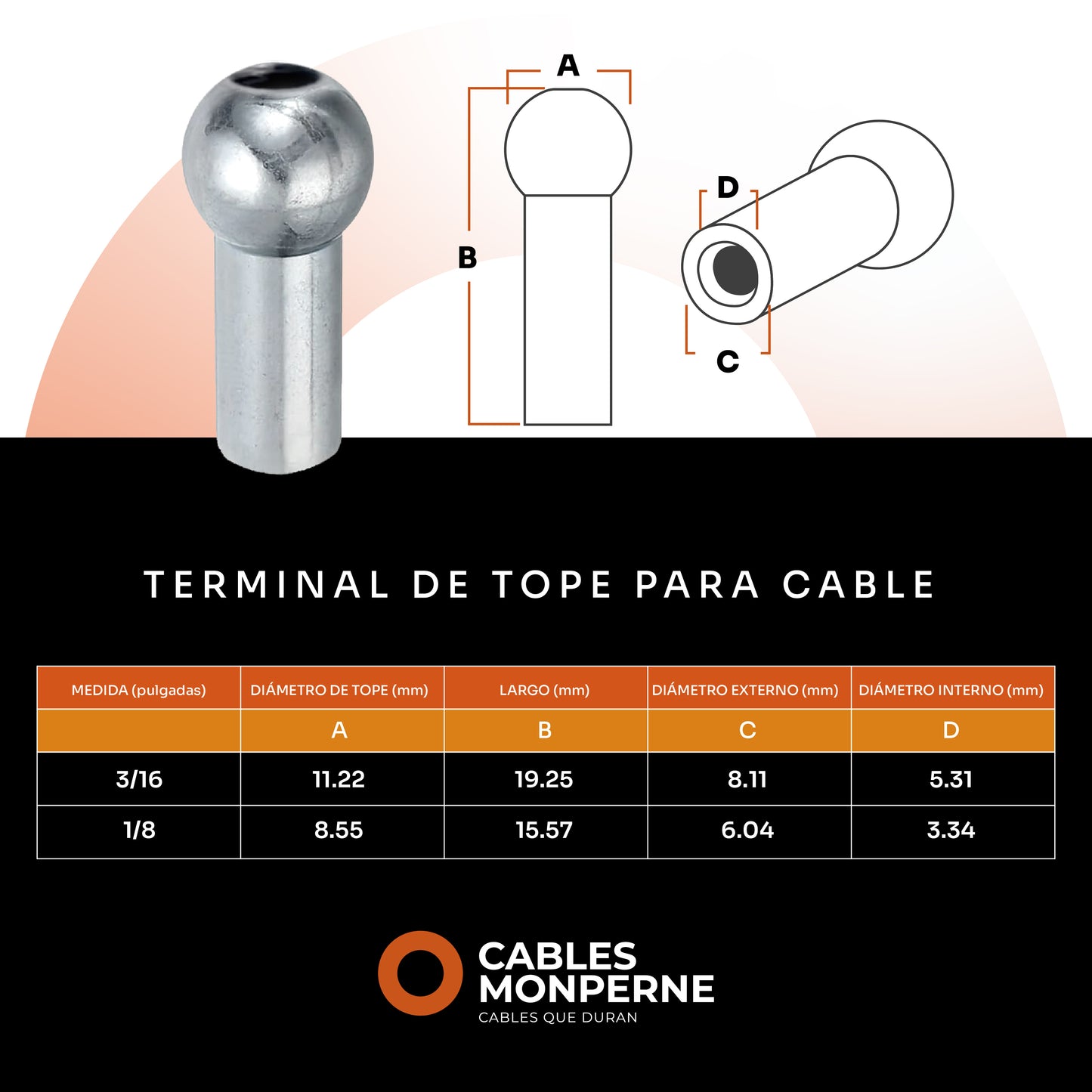 Terminal de tope para cable 1/8'' 10 piezas