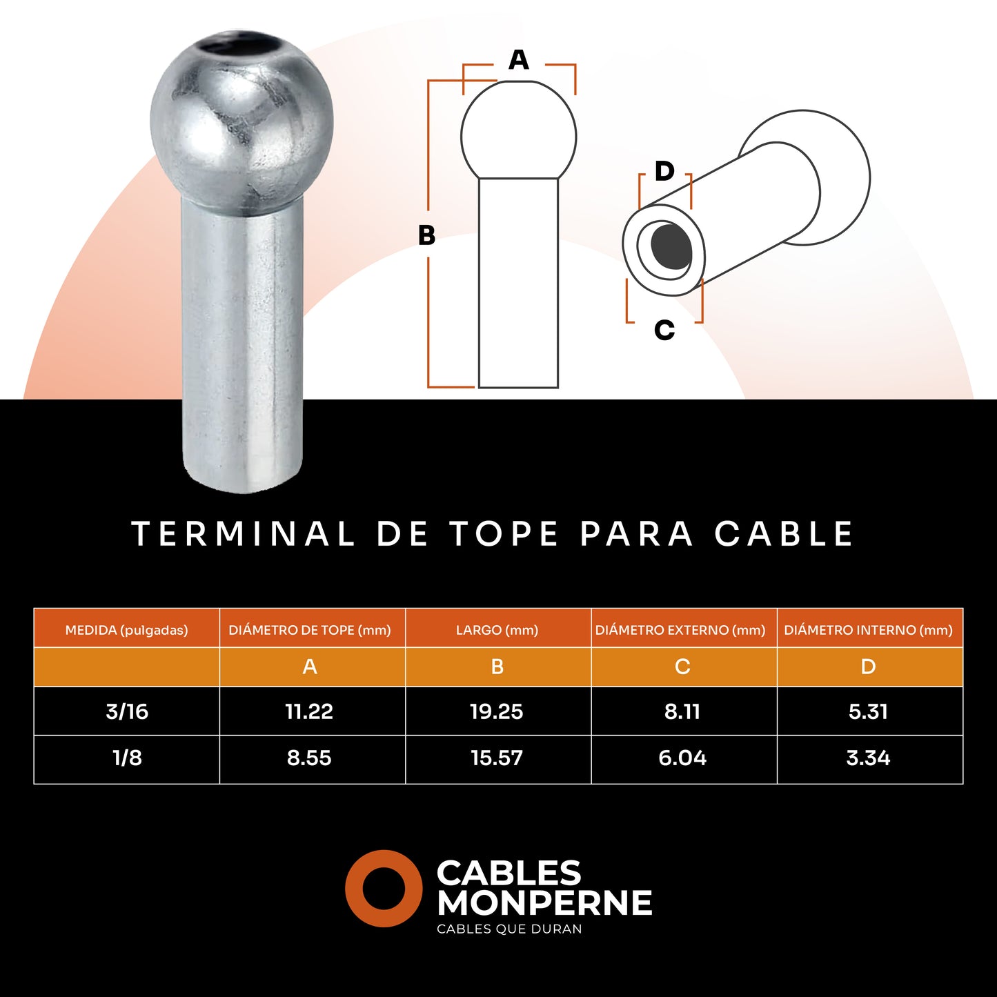 Terminal de tope cable 3/16''  (50 piezas)